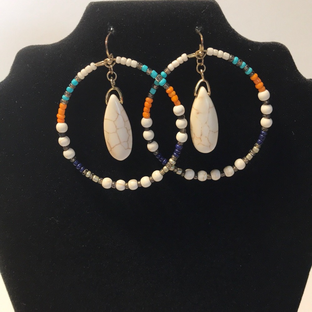 Beaded Hoop Earring with Faux Ivory Center Drop